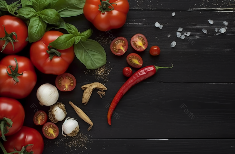 黑色烹饪食材辣椒红色糖摆放在桌面上摄影背景,高清,摄影图,摄影图片,图片大全,摄影图免费下载